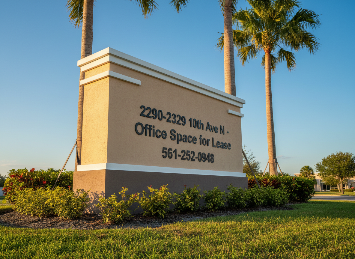 The main monument sign for a Lake Worth, FL office complex standing near 10th Ave N, constructed of smooth stucco in warm beige with a darker base and a clean white cap. Bold, modern dark lettering reads “2290–2329 10th Ave N – Office Space for Lease” with the phone number 561-252-0948 clearly displayed below. Neatly edged grass, low shrubs, and a couple of slender palm trunks surround the sign. Late afternoon golden sunlight creates warm highlights and long, soft shadows across the landscaping. Photographic realism, slightly low-angle composition to emphasize the sign against a clear blue sky, projecting visibility, stability, and professional presence.