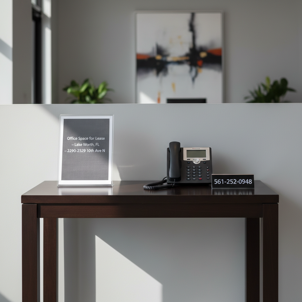 A polished, minimalist leasing information corner inside an office lobby at 2290–2329 10th Ave N, featuring a sleek dark wood console table against a light gray wall. On the table rests a clear acrylic stand displaying a printed flyer reading “Office Space for Lease – Lake Worth, FL – 2290–2329 10th Ave N” beside a modern black landline phone with the number 561-252-0948 shown clearly on a small desk sign. Soft, diffused daylight filters in from an unseen window, creating gentle highlights on the acrylic and subtle reflections on the tabletop. Photographic realism, centered composition, calm and professional atmosphere, with a shallow depth of field softly blurring the lobby background.