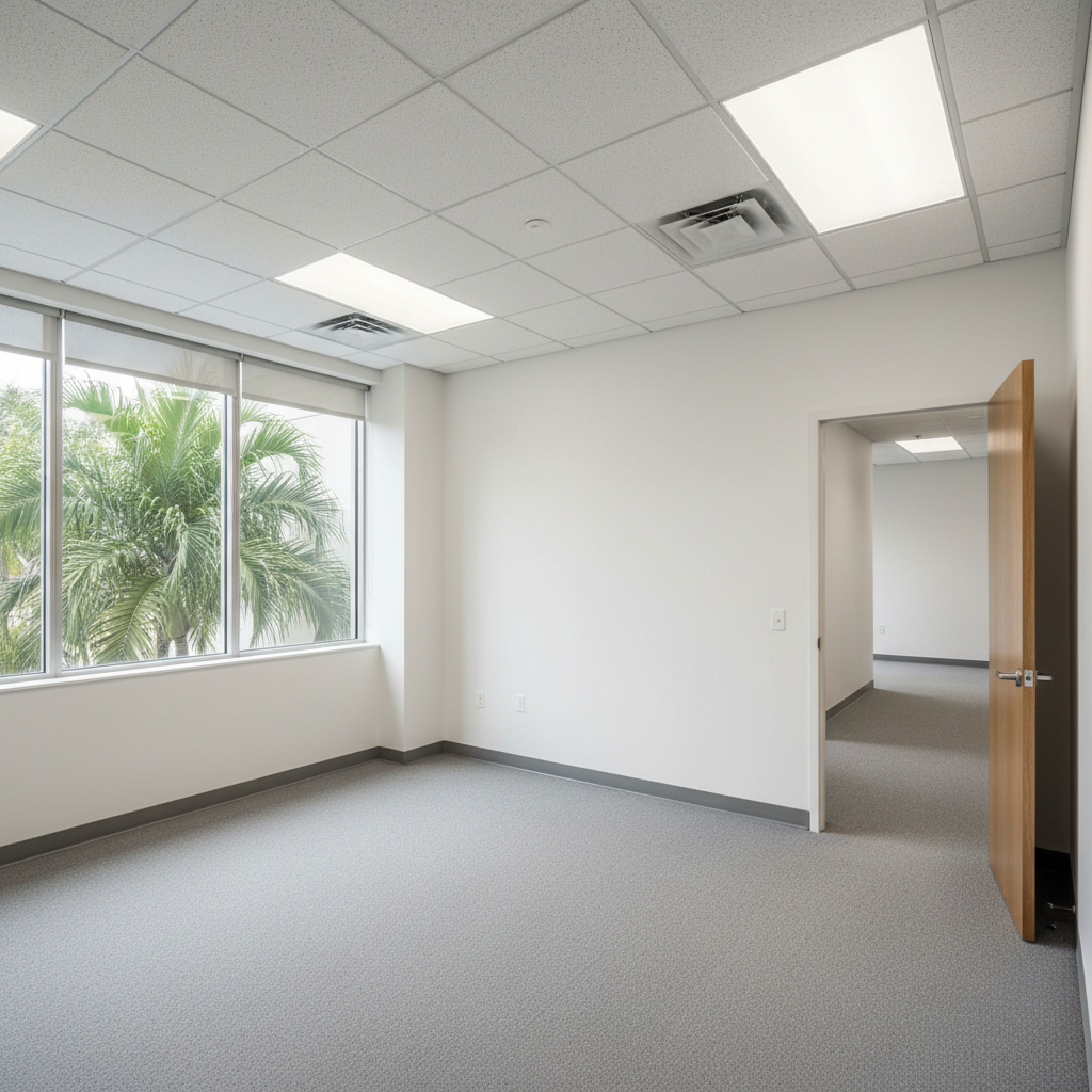 A bright, professional interior office suite ready for lease, with freshly painted soft white walls, neutral gray commercial carpet, and floor-to-ceiling windows along one side showing a hint of Florida palms outside. A sturdy wood-look laminate door with a brushed metal handle stands slightly open, revealing a hallway beyond. Overhead, clean acoustic ceiling tiles hold recessed LED panel lights, casting even, neutral white illumination with soft shadows at the corners. Photographic realism with a slightly wide-angle lens, eye-level composition capturing the entire room corner-to-corner. The mood is clean, organized, and move-in ready, ideal for businesses seeking Lake Worth office space.