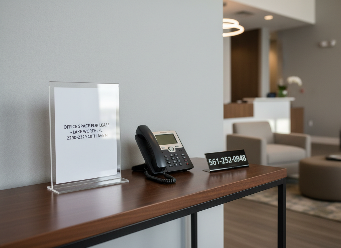 A polished, minimalist leasing information corner inside an office lobby at 2290–2329 10th Ave N, featuring a sleek dark wood console table against a light gray wall. On the table rests a clear acrylic stand displaying a printed flyer reading “Office Space for Lease – Lake Worth, FL – 2290–2329 10th Ave N” beside a modern black landline phone with the number 561-252-0948 shown clearly on a small desk sign. Soft, diffused daylight filters in from an unseen window, creating gentle highlights on the acrylic and subtle reflections on the tabletop. Photographic realism, centered composition, calm and professional atmosphere, with a shallow depth of field softly blurring the lobby background.