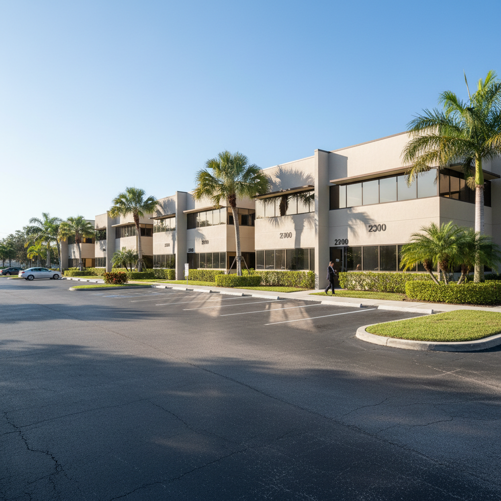 A modern, well-maintained single-story office complex in Lake Worth, Florida, featuring clean beige stucco buildings with dark bronze window frames and mirrored glass. The complex sits along 10th Ave N with clearly visible street numbers 2290–2329 on sleek metal plaques near the entrances. Manicured green landscaping with trimmed hedges and palm trees lines the wide driveway and ample surface parking. Captured in bright mid-morning Florida sunlight under a clear blue sky, subtle shadows fall across the pavement. Photographic realism at eye level, wide-angle composition showing multiple units, emphasizing a professional, accessible, move-in-ready office leasing destination with a calm, businesslike atmosphere.