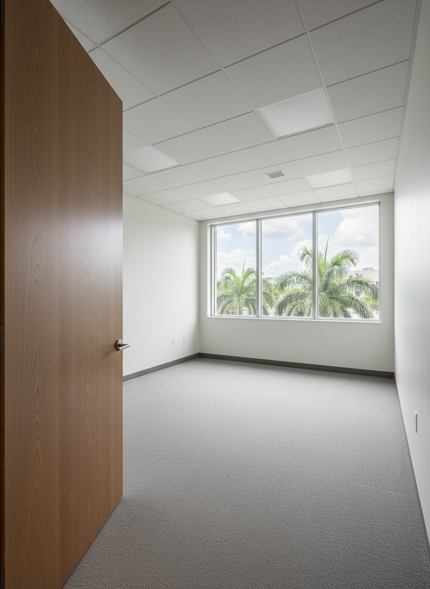 A bright, professional interior office suite ready for lease, with freshly painted soft white walls, neutral gray commercial carpet, and floor-to-ceiling windows along one side showing a hint of Florida palms outside. A sturdy wood-look laminate door with a brushed metal handle stands slightly open, revealing a hallway beyond. Overhead, clean acoustic ceiling tiles hold recessed LED panel lights, casting even, neutral white illumination with soft shadows at the corners. Photographic realism with a slightly wide-angle lens, eye-level composition capturing the entire room corner-to-corner. The mood is clean, organized, and move-in ready, ideal for businesses seeking Lake Worth office space.