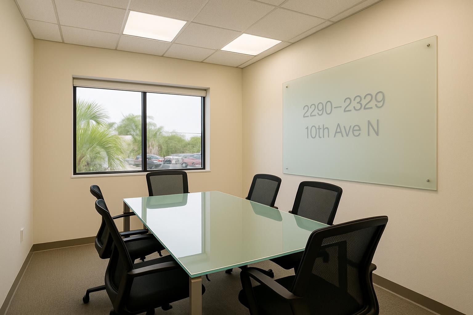 A small, modern conference room available for lease within the Lake Worth office complex, featuring a rectangular glass-topped table on sleek metal legs, surrounded by simple, unoccupied black mesh-back office chairs. The walls are painted a soft warm white, and a large frosted glass panel displays a subtle etched text “2290–2329 10th Ave N.” A wide horizontal window reveals glimpses of palm fronds and parked cars outside. Neutral white overhead LED panels create bright, consistent lighting with minimal shadows. Photographic realism, eye-level composition, moderate depth of field keeping all elements crisp. The atmosphere is efficient, professional, and ready for tenant branding.